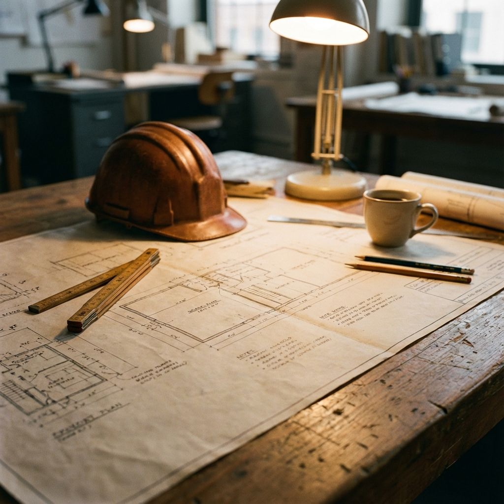 London construction planning office with blueprints and architectural tools – Puzzle Constructions Group