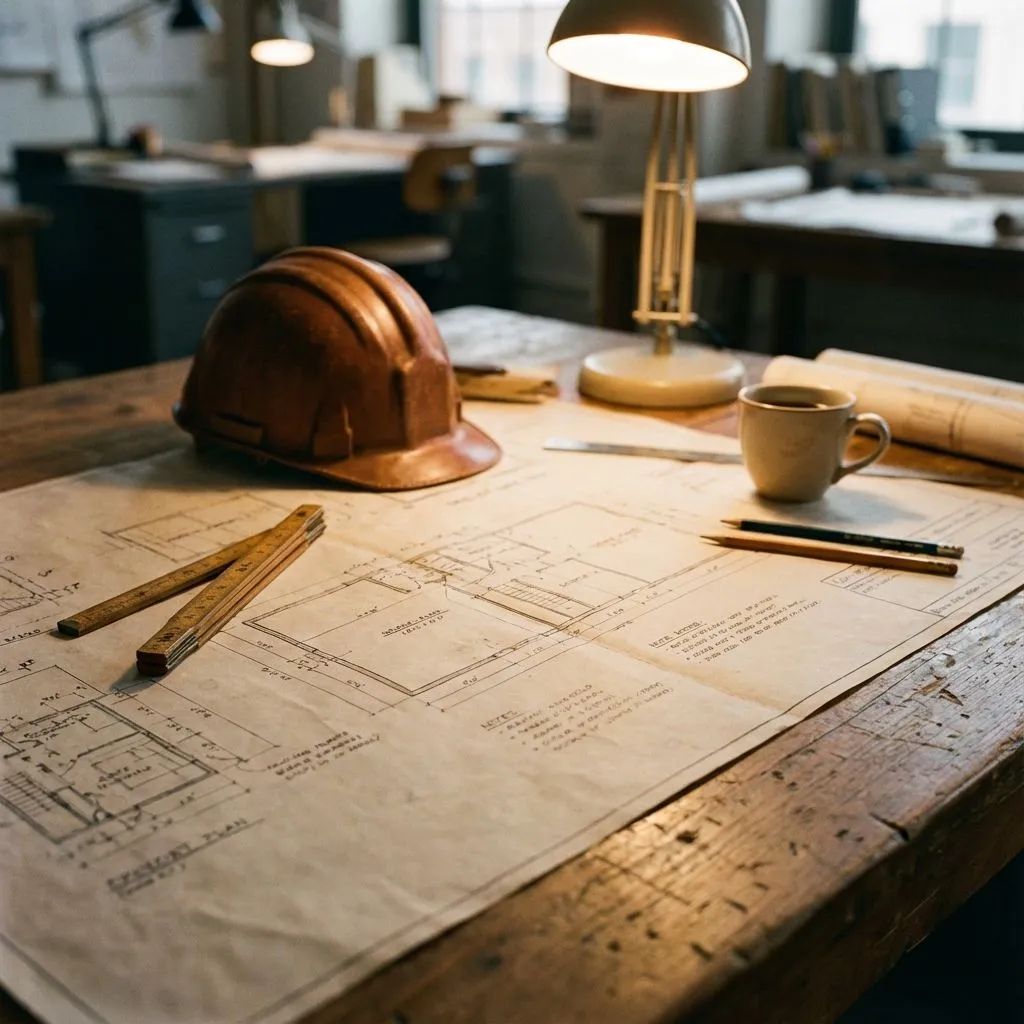 London construction planning office with blueprints and architectural tools – Puzzle Constructions Group