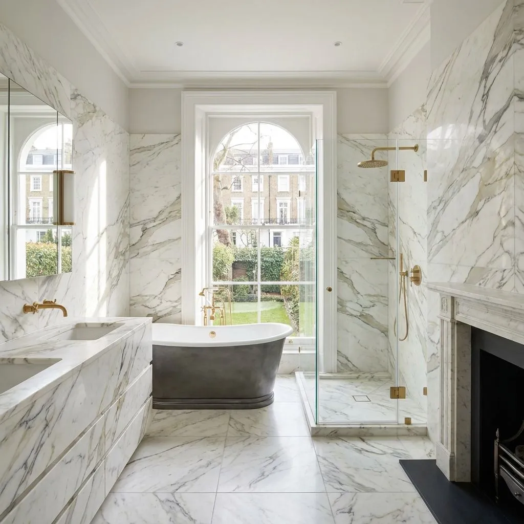 Luxury marble bathroom renovation in Kensington
