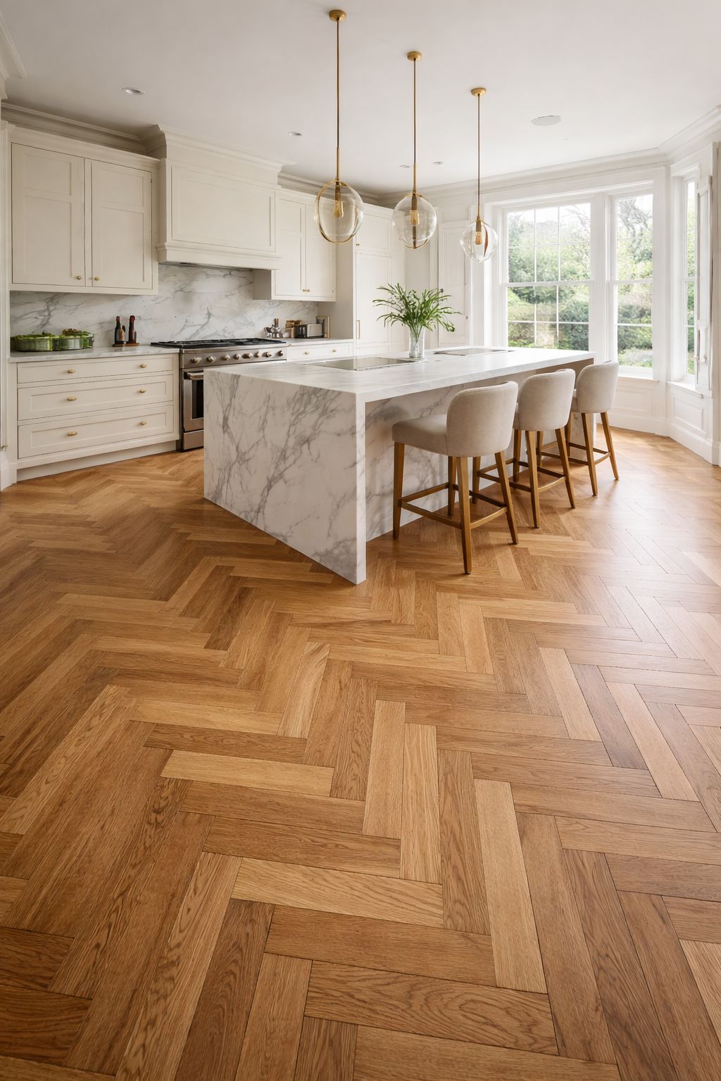 Herringbone oak flooring installation in Kensington