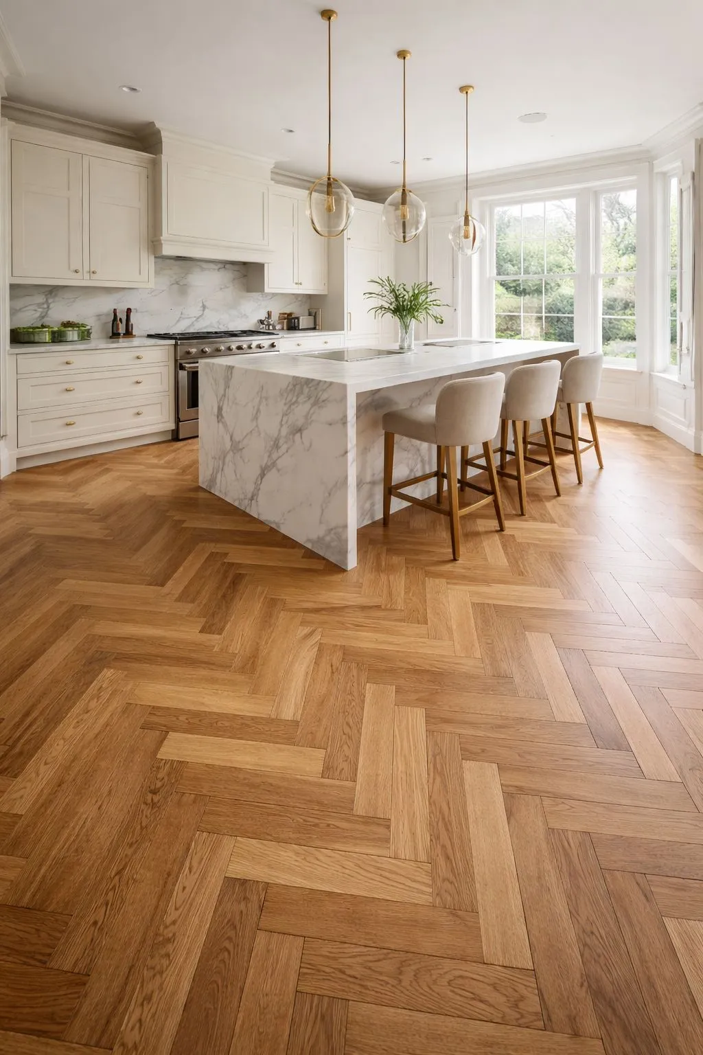 Herringbone oak flooring installation in Kensington
