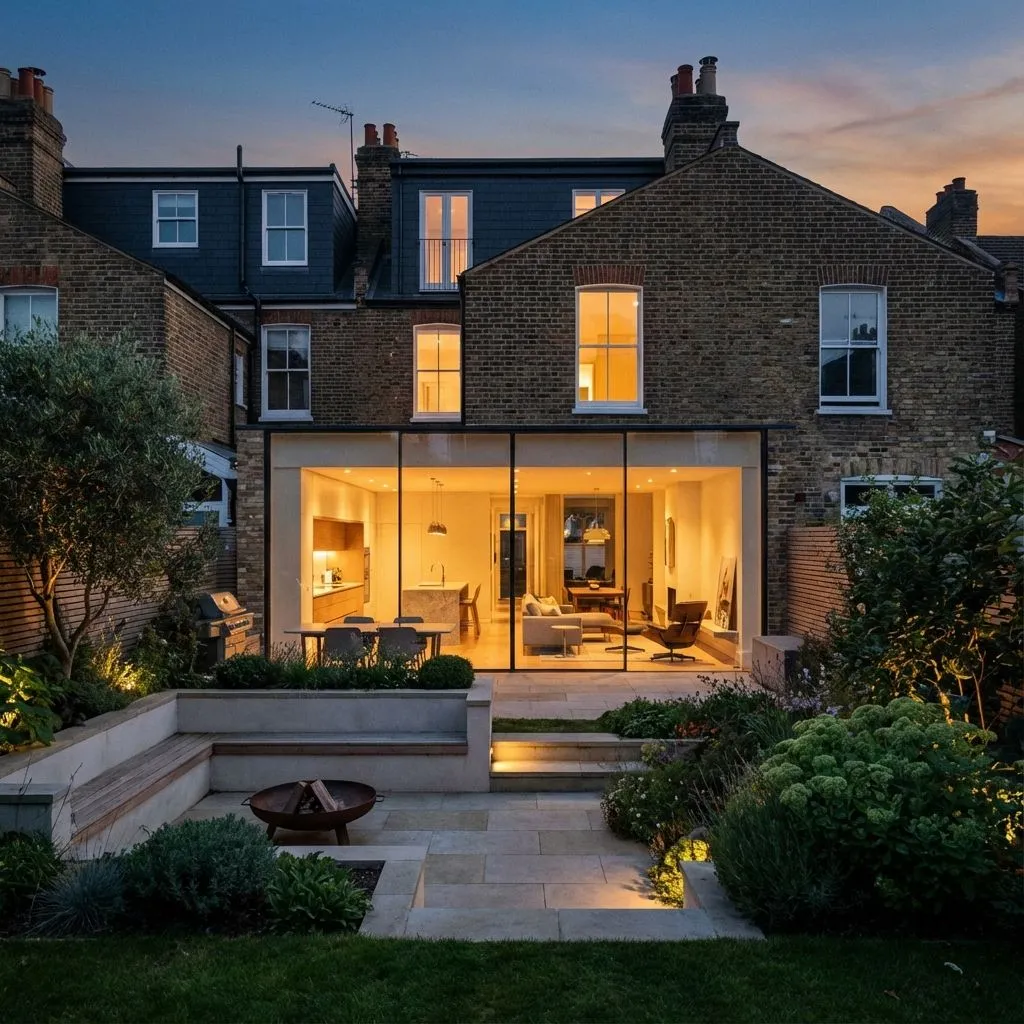 Modern London home with rear glass extension and landscaped garden