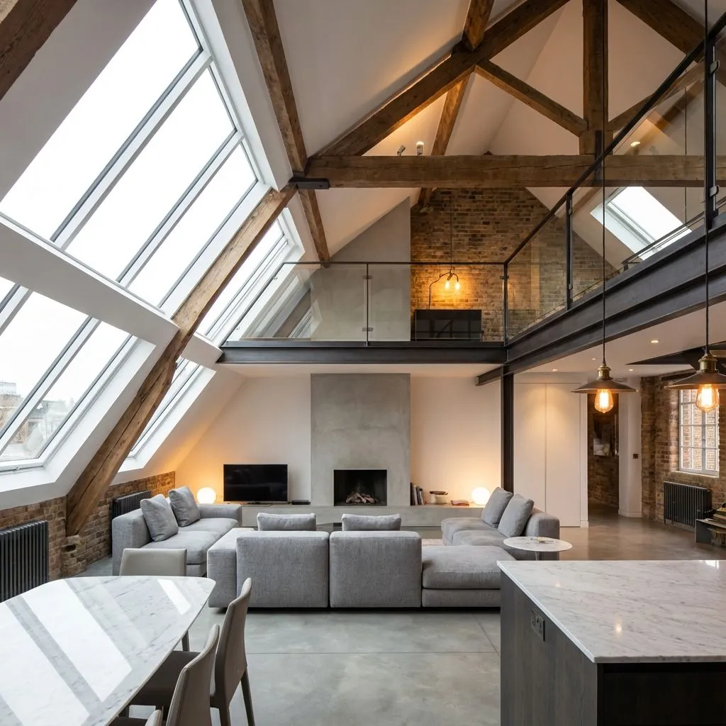 Luxury converted loft interior with skylight windows and exposed beams
