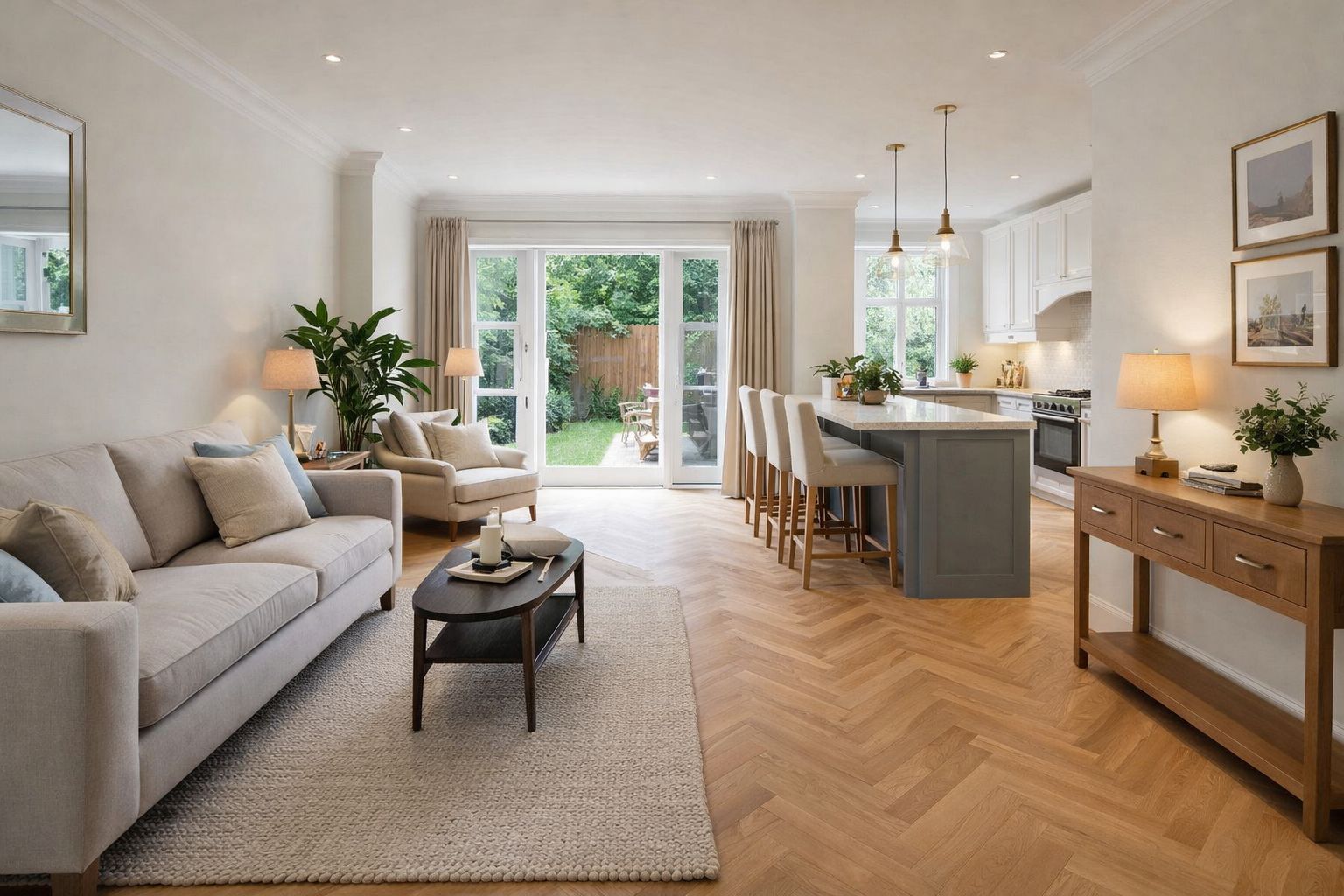 Elegant renovated London townhouse interior with marble finishes