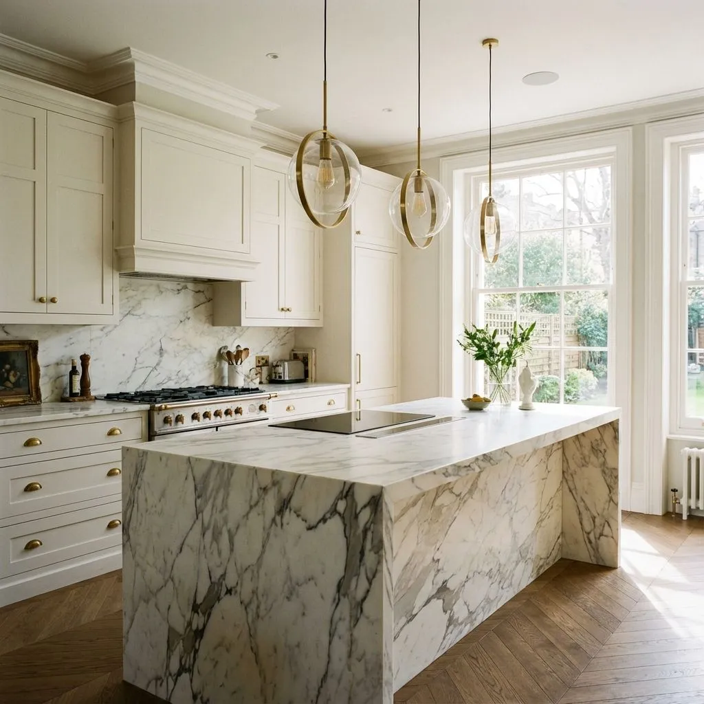 Luxury marble kitchen in Kensington with island