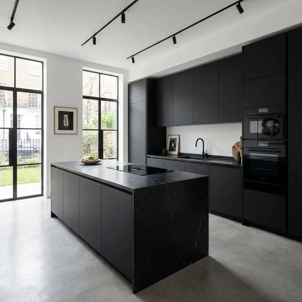 Modern matte black kitchen in Chelsea