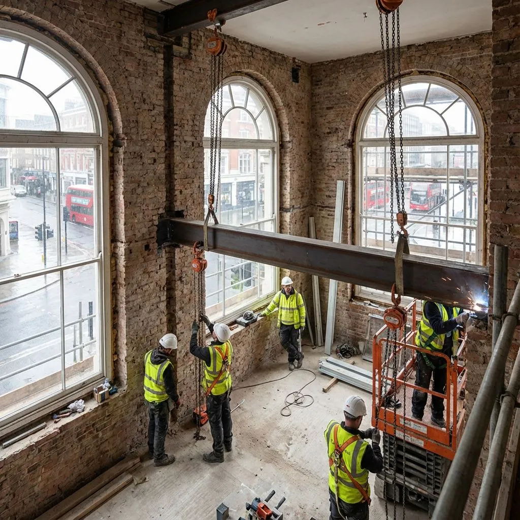 Steel beam installation inside a London renovation project